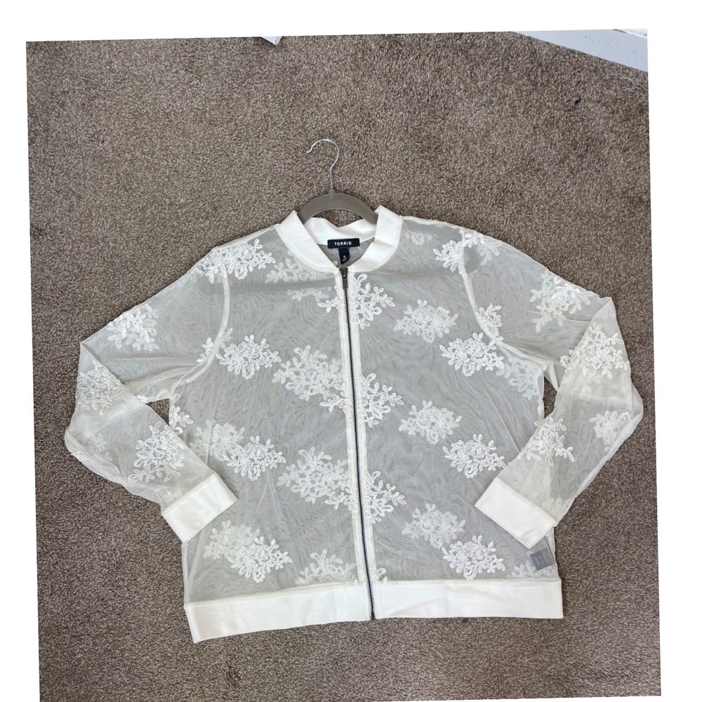 Torrid Size 0 Large Ivory Lace Mesh Embroidered Bomber Jacket Long Sleeve Zip - Picture 3 of 11